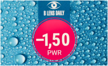 B-Lens daily soczewki z oznaczeniem mocy -1.50 PWR na różowym elemencie opakowania, zbliżenie.