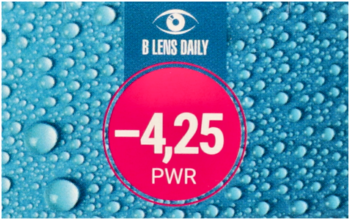 Zbliżenie na fragment opakowania soczewek B-Lens Daily: niebieskie tło z kroplami wody, różowy okrąg z mocą -4,25 PWR.