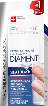 Biało-czerwone pudełko Eveline Nail Therapy Professional, utwardzająca odżywka z diamentami, widok z przodu.