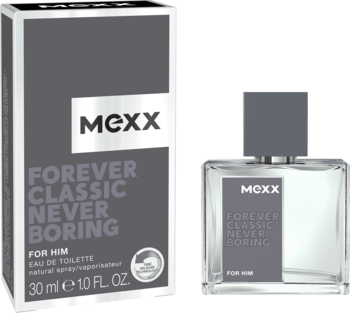 Mexx Forever Classic Never Boring woda toaletowa męska 30ml, szare pudełko obok szklanej butelki, widok frontowy.