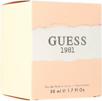 Perfumy Guess 1981 dla kobiet 50ml, beżowo-białe pudełko z rozerwanym brzegiem i napisem, widok z przodu.