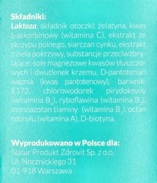 Tył miętowego opakowania suplementu Labovital Skrzyp polny na włosy i paznokcie, z listą składników.