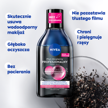 NIVEA Płyn Micelarny Profesjonalny dwufazowy, czarna butelka, usuwa wodoodporny makijaż, chroni rzęsy, widok frontalny.