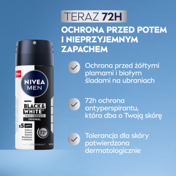NIVEA MEN Black & White antyperspirant w czarno-białej puszce, widok z przodu. Reklama podkreśla 72h ochronę przed potem i plamami.
