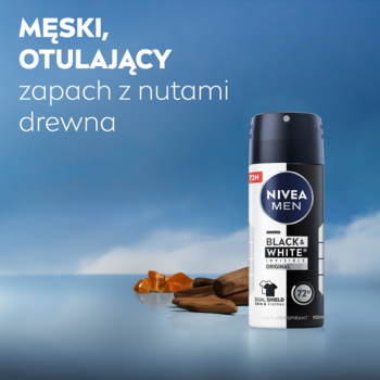 NIVEA MEN Black & White Original Antyperspirant w czarno-białej puszce, widok z przodu. Zapach drewna, amber i niebo.