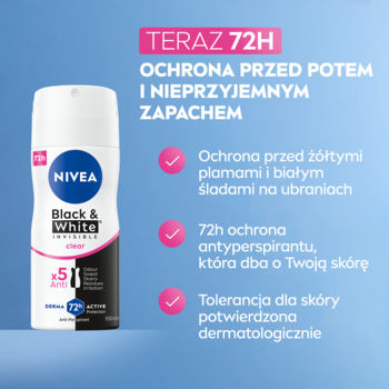 Nivea Black & White Clear antyperspirant w sprayu, biała butelka 72h ochrona przed potem i plamami.