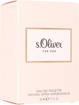 Woda toaletowa s.Oliver For Her 50ml, różowe pudełko z brązowym napisem, ujęcie z przodu pod kątem.