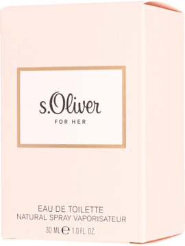 Jasnoróżowe pudełko wody toaletowej s.Oliver For Her 30ml, widok z przodu, z beżową etykietą.