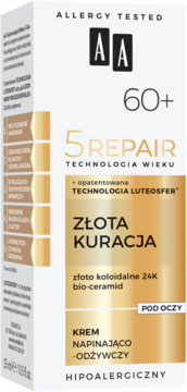 Biało-złote opakowanie kremu AA 5 Repair Złota Kuracja pod oczy 60+, przeciwzmarszczkowy, widok z przodu.