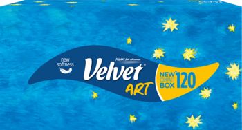 Niebieskie pudełko chusteczek Velvet ART "New Compact Box" ze wzorem w żółte gwiazdki i liczbą 120.