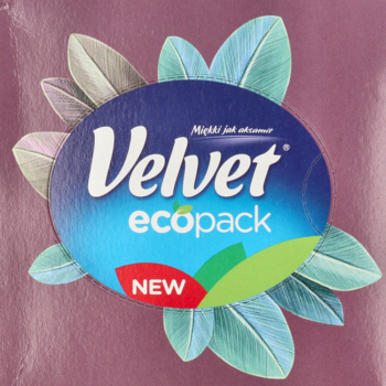 Owalna etykieta chusteczek Velvet ecopack NEW, z logo, otoczona liśćmi, na fioletowym tle.