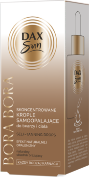 Brązowe opakowanie DAX Sun Bora Bora Self-Tanning Drops do twarzy i ciała, ze złotymi detalami, widok z przodu.