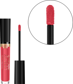 Max Factor Lipfinity Velvet Matte Red Luxury, matowa pomadka z otwartym aplikatorem i zbliżeniem na jego teksturę.