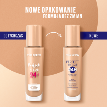 Miss Sporty Perfect to Last 24H podkład: stare i nowe beżowe opakowanie obok siebie, info o zmianie designu.