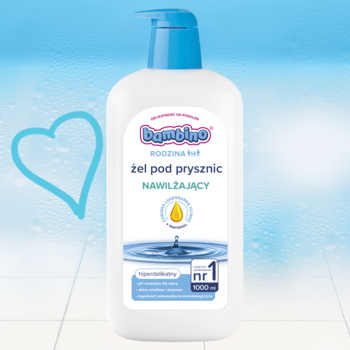 Biała butelka Bambino Rodzina nawilżający żel pod prysznic 1000ml z niebieską pompką, widok z przodu.