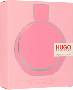 Różowe pudełko Hugo Boss Woman Extreme, woda perfumowana dla kobiet, z srebrnym obrysem flakonu, widok z przodu.