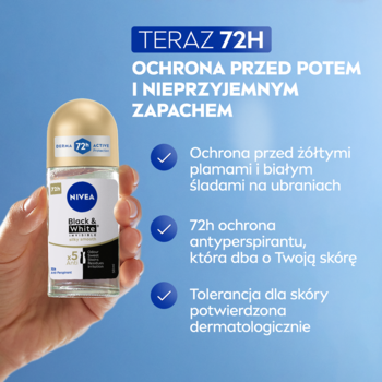 NIVEA Black & White 72h antyperspirant roll-on 50ml, w transparentnej butelce, trzymany w dłoni, na niebieskim tle.