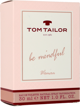 Różowe pudełko Tom Tailor Be Mindful Woman eau de toilette 30ml, widok pod kątem, z napisem "be mindful".