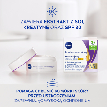 NIVEA krem 65+ przeciwzmarszczkowy z ekstraktem soi, kreatyną i SPF 30, otwarty słoiczek i pudełko.