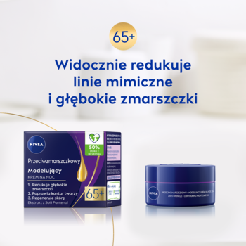 NIVEA 65+ krem na noc redukujący zmarszczki, w fioletowym pudełku i granatowych słoiczkach na białym tle.