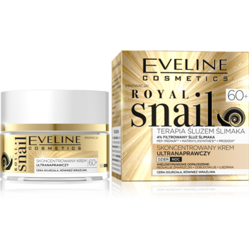Eveline Cosmetics Royal Snail 60+ krem ultranaprawczy w złotym słoiku z białym wieczkiem obok kartonika.