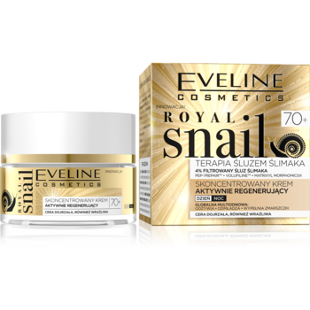 Eveline Royal Snail 70+ krem regenerujący w złotym słoiczku i biało-złotym pudełku, widok z przodu.