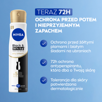 NIVEA Black & White Silky Smooth antyperspirant spray 250 ml, widok z przodu na niebieskim tle z opisem 72h ochrony.
