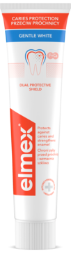 Elmex Caries Protection Gentle White toothpaste, upright white and red tube, front view, with tooth icon.