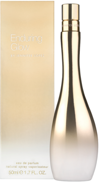 Jennifer Lopez Enduring Glow woda perfumowana dla kobiet. Smukła butelka złoto-biała i złote pudełko, widok z przodu.