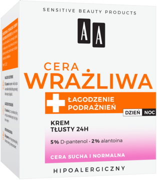 Krem AA Cera Wrażliwa Tłusty 24H, białe opakowanie z pomarańczowo-różową etykietą, widok z przodu.