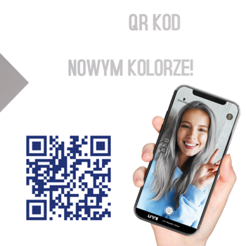 Ręka trzyma smartfon z modelką o metalicznych włosach, obok kod QR aplikacji Schwarzkopf LIVE.
