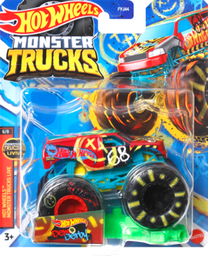 Hot Wheels Monster Truck Dee-Derby w blistrze, czerwono-niebieski pojazd z nr 88 i czarnymi oponami, widok z przodu.