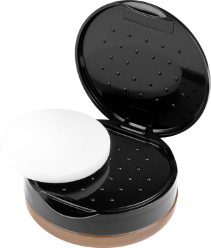 Otwarty podkład Miracle Touch Creamy Ivory: brązowy kompakt z czarną pokrywką i białym puszkiem.