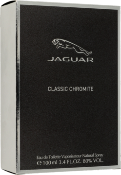Czarne, prostokątne opakowanie wody toaletowej Jaguar Classic Chromite, z przodu srebrne logo jaguara, widok pod kątem.