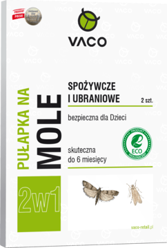 Białe opakowanie pułapki VACO 2w1 na mole spożywcze i ubraniowe, bezpiecznej dla dzieci, widok z przodu.