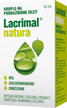 Lacrimal natura krople na podrażnione oczy, białe opakowanie z zielonymi napisami i liściem, widok z przodu.