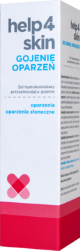 Help4Skin Gojenie Oparzeń, białe pudełko żelu hydrokoloidowego na oparzenia, widok pod kątem z czerwonym dnem i logo.