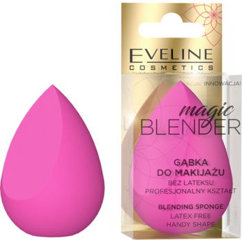 EVELINE magic BLENDER, różowa gąbka do makijażu bez lateksu, w kształcie kropli, widoczna luzem i w opakowaniu.