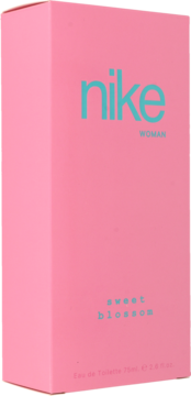 Nike Sweet Blossom woda toaletowa dla kobiet, różowe pudełko z turkusowym napisem Nike WOMAN, widok pod kątem.
