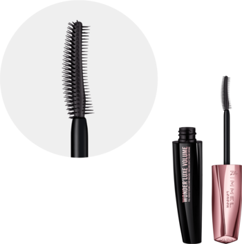 Maskara Rimmel Wonder'Luxe Volume Extreme Black, czarna tuba, różowo-złoty korek, powiększona silikonowa szczoteczka.