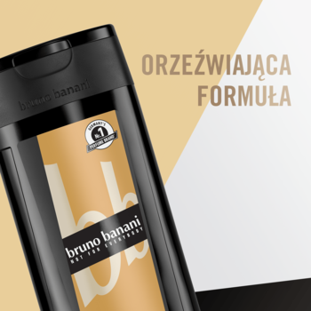Zbliżenie na żel pod prysznic Bruno Banani Man's Best w czarnej butelce ze złotą etykietą, napis ORZEŹWIAJĄCA FORMUŁA.