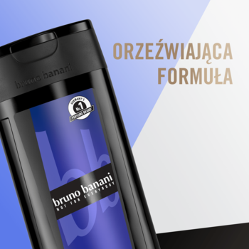 Czarna butelka żelu bruno banani Magic Man z fioletową etykietą, widok pod kątem. Orzeźwiająca formuła.