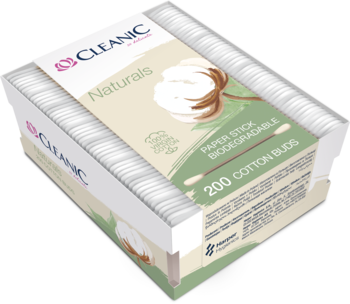 Patyczki higieniczne Cleanic Naturals Virgin Cotton, 200 sztuk, w białym biodegradowalnym opakowaniu, widok z góry pod kątem.