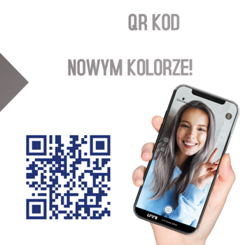Smartfon z modelką o metalicznych włosach i QR kodem, promujący farbę Schwarzkopf LIVE Intense Colour.