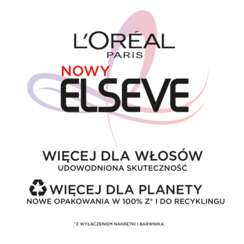 Logo L'Oréal Paris Elseve w czerni z czerwonym akcentem, na rozmytym fioletowo-różowym tle.