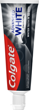 Colgate Advanced White Charcoal, pionowa tubka pasty do zębów w kolorach czarnym i czerwonym, bielsze zęby w 10 dni.