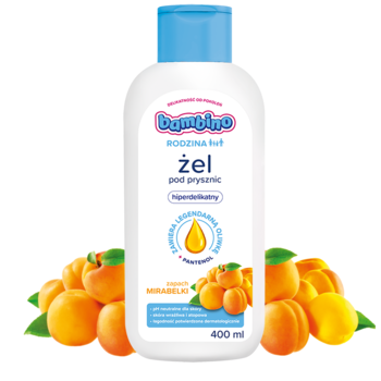 Bambino Rodzina żel pod prysznic 400 ml, biała butelka z niebieską nakrętką, widok z przodu na tle mirabelek.