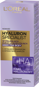 L'Oréal Paris Hyaluron Specialist, nawilżający krem pod oczy w fioletowym pudełku, widok z przodu.