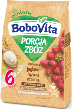 BoboVita Porcja Zbóż jaglano-ryżowa malina, bezmleczna kaszka bez cukru, w foliowej torebce. Widok z przodu.