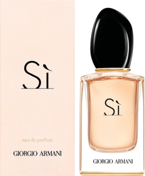 Giorgio Armani Si eau de parfum: butelka z różowym płynem obok pasującego pudełka, widok z przodu.